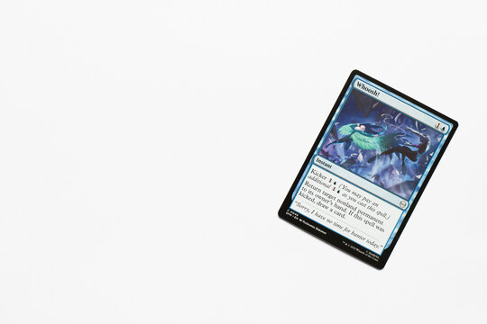 Bradford, UK Nov 3 2025 Whoosh! card from the Spider-man magic the gathering card game shot isolated on a white paper background.