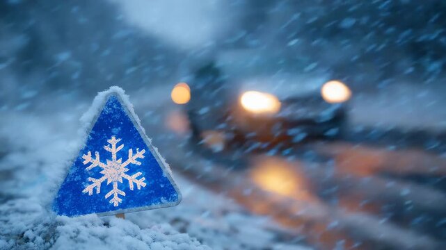 Snow hazard warning sign in sharp focus, blurred headlights of car approaching through snowstorm, icy winter road reflecting light, cold blue tones enhancing alertness