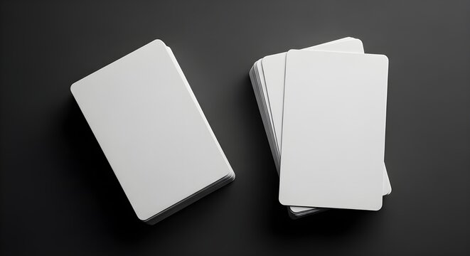 Two stacks of blank white playing cards on a dark gray background with a minimalist aesthetic