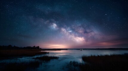 The Milky Way galaxy glows vibrantly in a starry night sky above a serene body of water with reeds