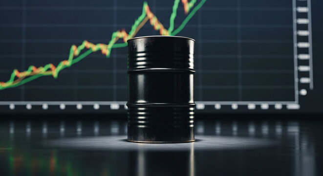 Black oil barrel with stock market chart in background. Oil price increase concept with global economic impact.