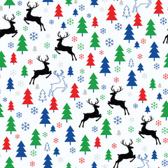 Minimalist Christmas Pattern Vector. Seamless Pattern Holiday Background with Reindeer, Pine Trees and Snowflakes. for Textile Print background.