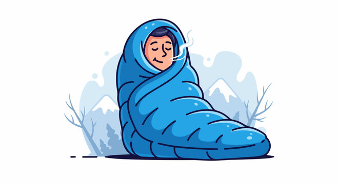 Person sleeping in sleeping bag with snowy mountains