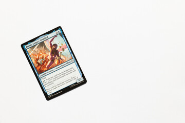 Naklejka premium Bradford, UK Nov 3 2025 Beetle, Legacy Criminal card from Spider-man magic the gathering card game shot isolated on a white paper background.