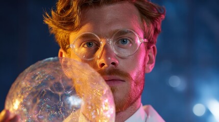 Close-up portrait of a young man with red hair and glasses. he is looking up at the camera with a curious expression on his face.