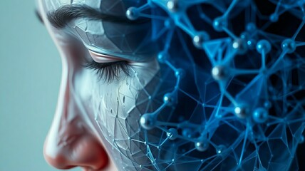 Futuristic human face merged with digital neural network, concept of artificial intelligence, cyber technology, and human-machine connection. Generative AI.