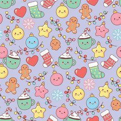 Christmas Decor Pattern Vector. Seamless Christmas Ornament Pattern with Stocking, and Cocoa. Merry Christmas Cozy Seamless Pattern Background.