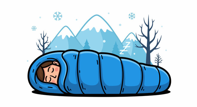 Person sleeping in sleeping bag with snowy mountains