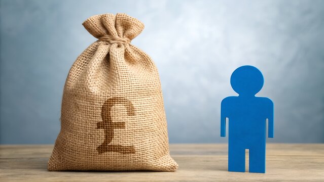 Person beside pound currency sack &ndash; concept of personal finance, UK savings, income, wealth management, and financial responsibility