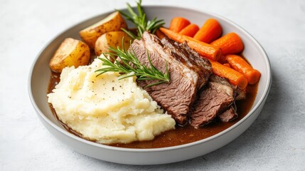 A plate of roast beef with mashed potatoes, carrots, potatoes, and gravy, garnished with rosemary.