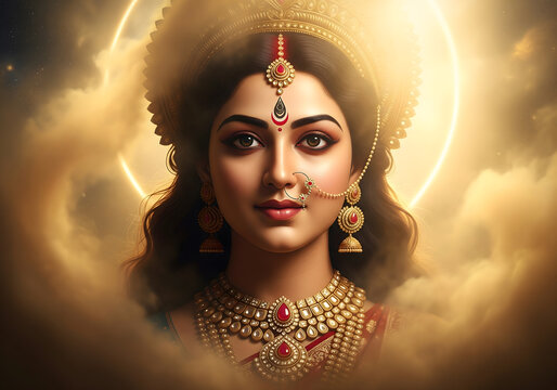 Divine Hindu Goddess Portrait Lakshmi, Durga, Devi, Indian Deity, Illustration, Spirituality, Hindu Art.