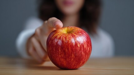 Close-up of a person's hand holding a red apple. the apple is placed on a wooden table and the person is pointing towards it with their index finger.