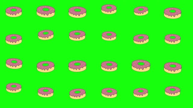 Seamless pattern donuts with pink frosting on a green screen background suitable for foodrelated designs and projects. Sweet treat concept.