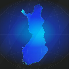 An illustration of Finland map silhouette with glowing blue color gradient and surrounded by grid globe. Suitable for design element, background, or infographic.