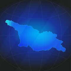 An illustration of Georgia map silhouette with glowing blue color gradient and surrounded by grid globe. Suitable for design element, background, or infographic.