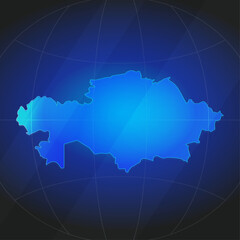 An illustration of Kazakhstan map silhouette with glowing blue color gradient and surrounded by grid globe. Suitable for design element, background, or infographic.