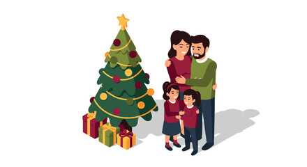 Happy family celebrating christmas by decorated tree with gifts in flat style