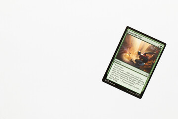 Naklejka premium Bradford, UK Nov 3 2025 Scout the City card from Spider-man magic the gathering card game shot isolated on a white paper background.