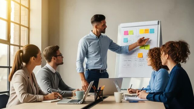 A business meeting where a presenter explains a flowchart on a whiteboard to a group of colleagues