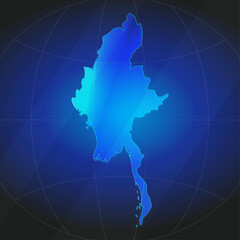 An illustration of Myanmar map silhouette with glowing blue color gradient and surrounded by grid globe. Suitable for design element, background, or infographic.