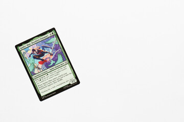 Naklejka premium Bradford, UK Nov 3 2025 Spider-man Brooklyn Visionary card from Spider-man magic the gathering shot isolated on a white paper background.