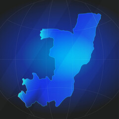 Obraz premium An illustration of Republic of the Congo map silhouette with glowing blue color gradient and surrounded by grid globe. Suitable for design element, background, or infographic.
