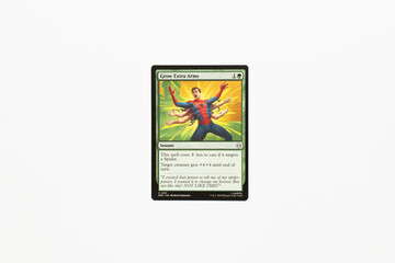 Naklejka premium Bradford, UK Nov 3 2025 Grow Extra Arms card from Spider-man magic the gathering shot isolated on a white paper background.