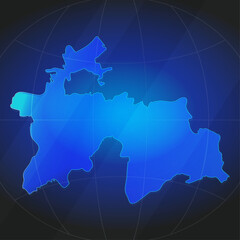 An illustration of Tajikistan map silhouette with glowing blue color gradient and surrounded by grid globe. Suitable for design element, background, or infographic.