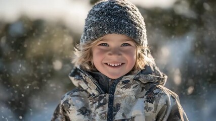 Winter portrait of giggling child in ski jacket and woolen hat, tongue out as snowflakes land softly, glowing sunlight filtering through trees