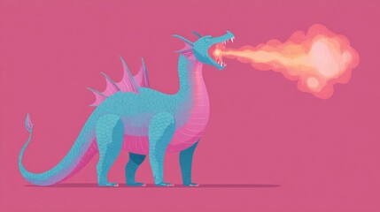 Illustration of a blue dragon with pink spikes on its head and tail. the dragon is standing on a pink background and is facing towards the right side of the image.