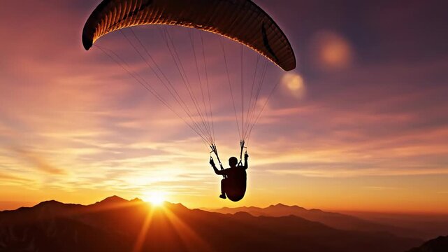 Paraglider soaring at sunset mountains with colorful sky