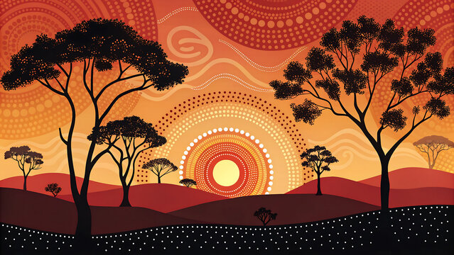 sunset in the park, Aboriginal inspired abstract art black trees against swirling sun. Warm orange, red background with dots forms textured desert landscape. Unique illustration feels spiritual, vibra
