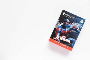 Naklejka premium Bradford, UK Nov 3 2025 Spider-man magic the gathering card game welcome pack shot isolated on a white paper background.