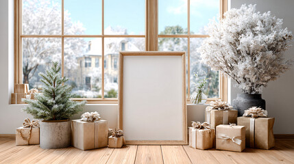 A warm and inviting living room setup featuring an empty frame ready for artwork, surrounded by beautifully wrapped presents and decorative evergreen plants