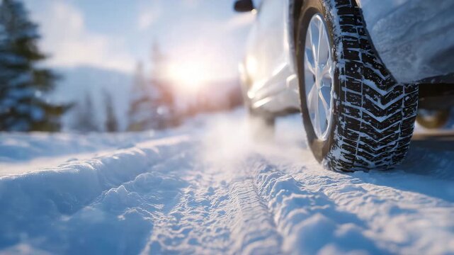 Winter road close-up with tire rolling, snow clinging to tread, sunlight glinting off frozen patches, soft shadows on snow emphasizing movement and safety