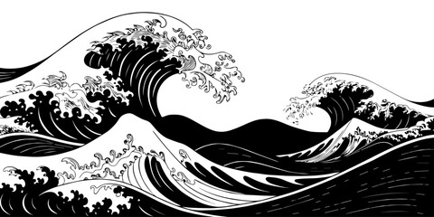 Bold black-and-white waves crash and curl with foamy detail, swirling lines and dramatic motion, creating a powerful seascape full of energy and rhythm.