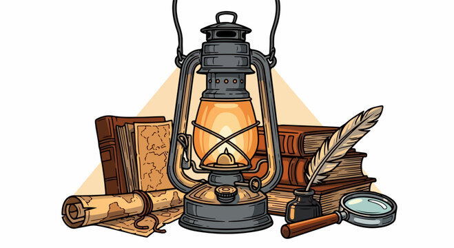 Antique lantern with books and maps vintage study