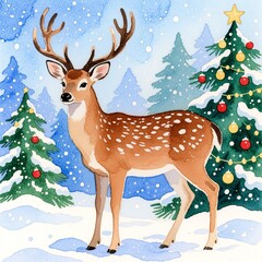 Watercolor illustration of a majestic spotted deer with large antlers, standing in a snowy forest next to a decorated christmas tree.