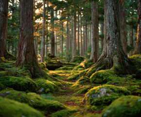 Fototapeta premium Golden Dusk Light in Cedar Forest