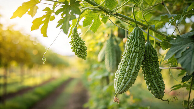 Bitter melon hanging tree in field raedy to harvesting, Bitter melon in field in natural sunlight background