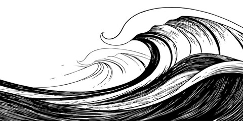 sweeping black-and-white wave with bold ink lines curves across the scene, creating motion, rhythm and energy like hand-drawn ocean art under a bright sky.