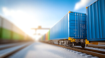Fototapeta premium Freight train with blue containers on tracks against a sunset backdrop, conveying industrial transportation.
