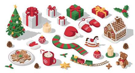 Festive isometric set of christmas decorations with gifts, gingerbread house, and tree