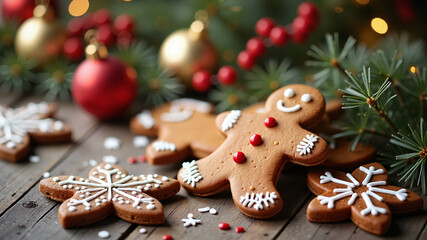 Gingerbread cookies with chrismas decorations on wooden table
