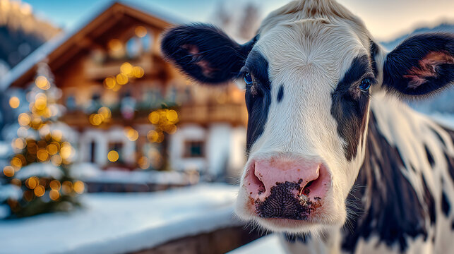 A black and white cow sniffs the snow, captivated by the holiday spirit. Behind it, a charming farmhouse adorned with twinkling lights enhances the cozy winter atmosphere, celebrating Christmas