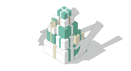 Isometric stacked gifts with hands minimalist holiday concept