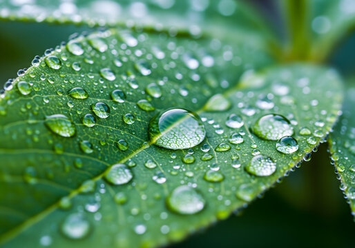 Close-up of Green Leaf with Water Droplets, Nature, Dew, Macro Photography.