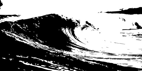 High-contrast black-and-white ocean wave curling with dramatic texture, bold shadows, sharp highlights, and intense surf energy captured in abstract form.