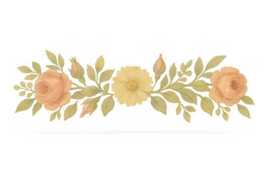 Watercolor floral garland creating a decorative design with roses, daisy flower, and green leaves. Transparent background