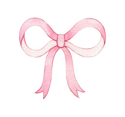 Watercolor pink bow.Hand drawn illustration of a cute ribbon bow. Design for congratulations, invitations, packaging, cards. Girly style